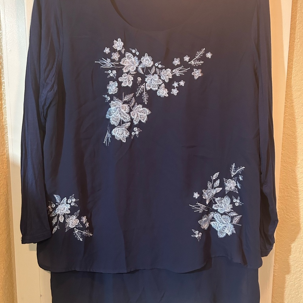 Elegant Navy Blue Floral Embroidered Women's Top by Diane Gilman